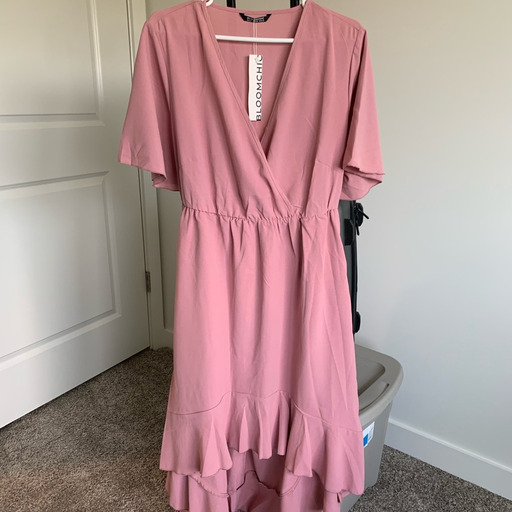 BloomChic Pink Flutter Sleeve High Low Sundress
